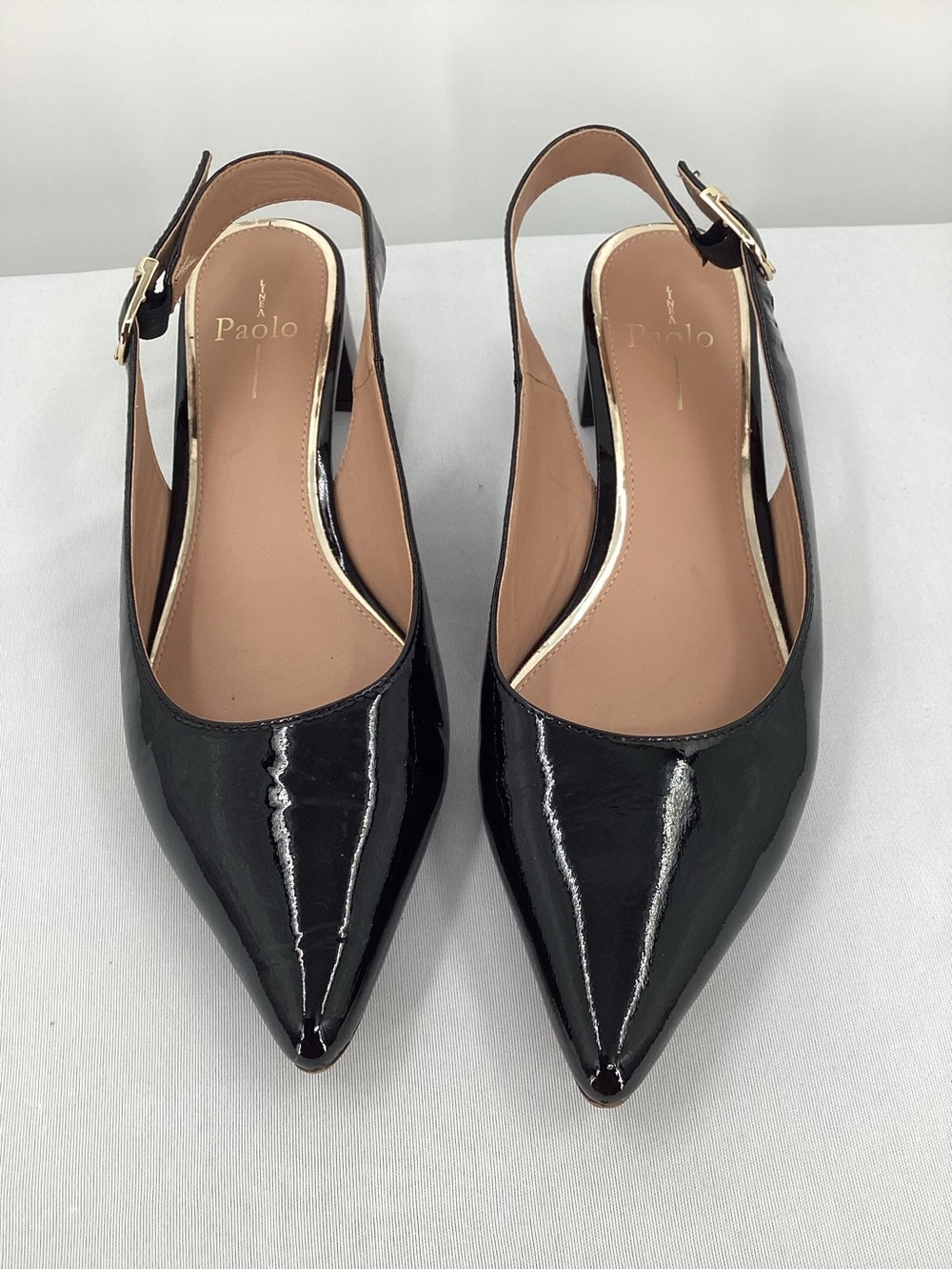 Paolo Black Patent Pointed Slingback Flats with Gold Buckles